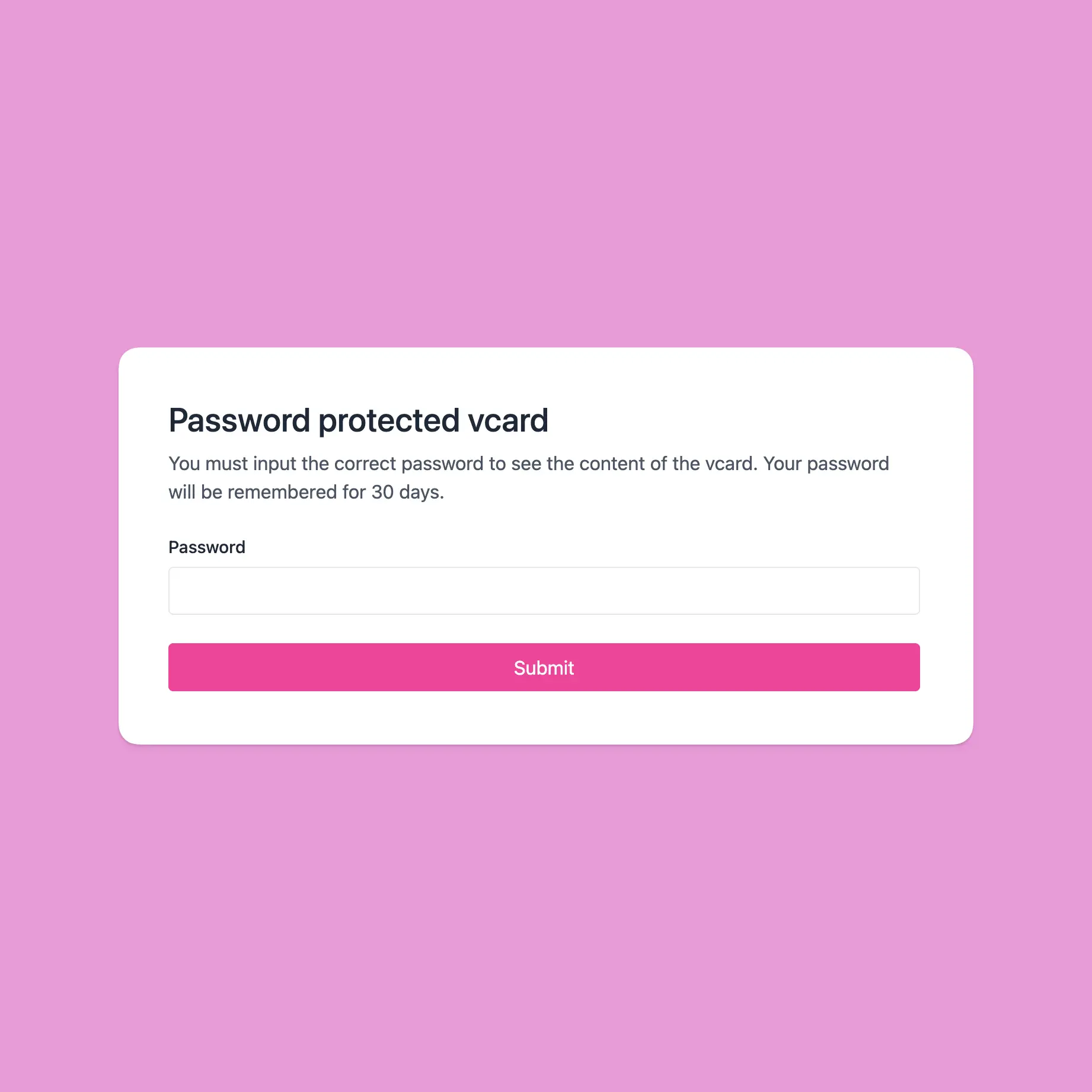 Captura de tela do exemplo de proteção por senha do aplicativo vcard